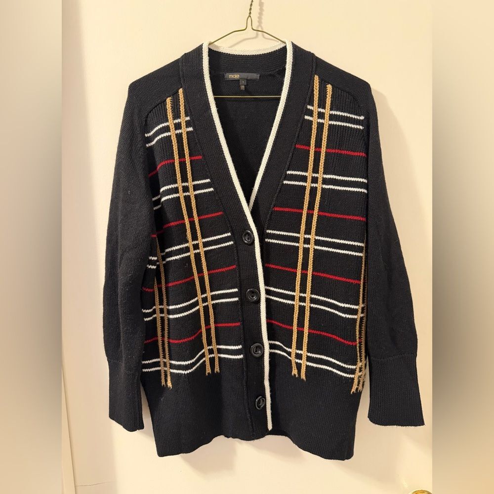 Maje Mada Plaid Wool Blend Cardigan Sz Sm/Fr 1